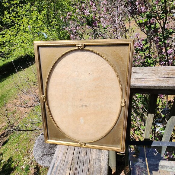 Antique Ornate Brass Oval Glass Picture Frame With Gold Matting & Fabric Backing - Picture 7 of 14
